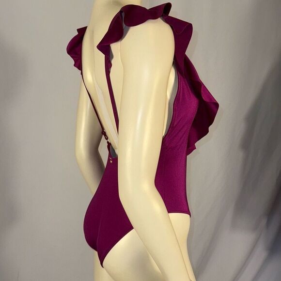 PINK Victoria's Secret One Piece Ruffle Swimsuit Deep V Violet Purple Medium - Picture 4 of 15